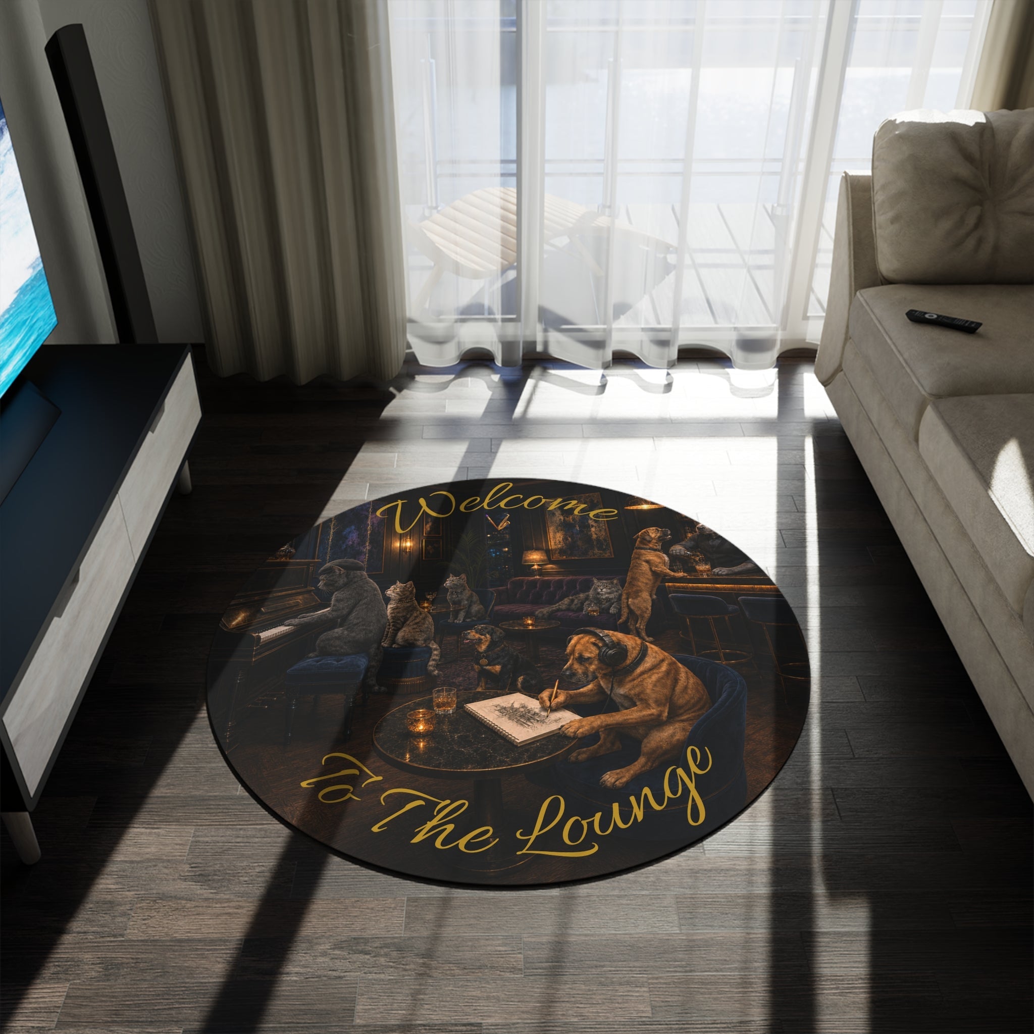 Welcome to the Lounge dog and cat round area rug