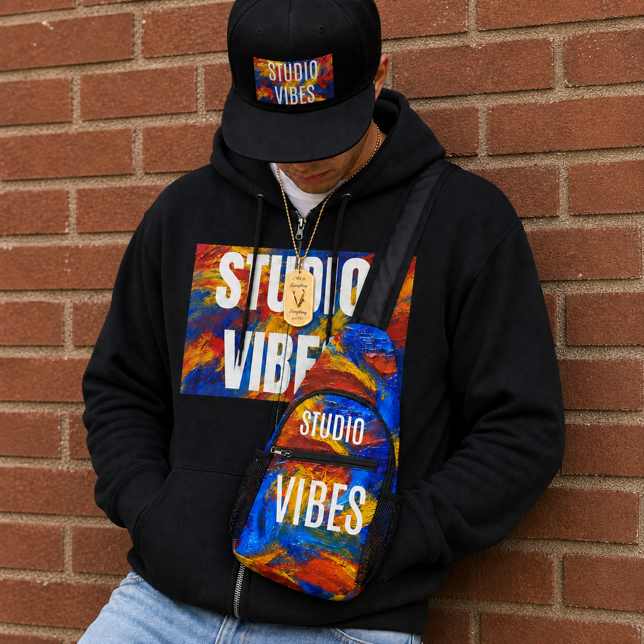 Young man wearing a colorful Studio Vibes crossbody sling bag