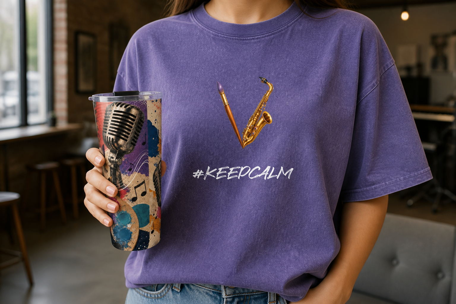 Woman holding a vintage microphone insulated tumbler while wearing a purple Jazzy Smoov Keep Calm oversized T-shirt