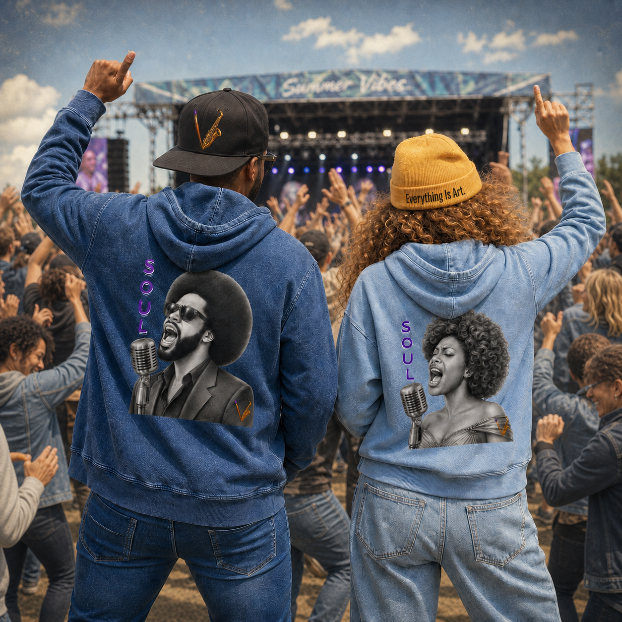 Two concertgoers wearing blue Soul Singer graphic hoodies, an embroidered snapback, and a gold art beanie