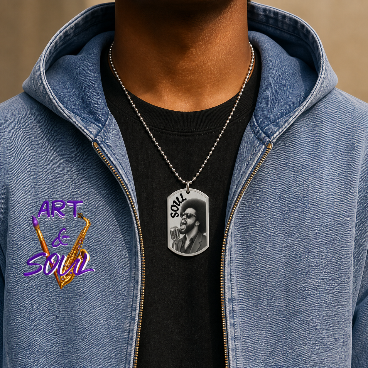 Young man wearing a silver Soul Singer engraved dog tag necklace with a light-blue Art and Soul hoodie