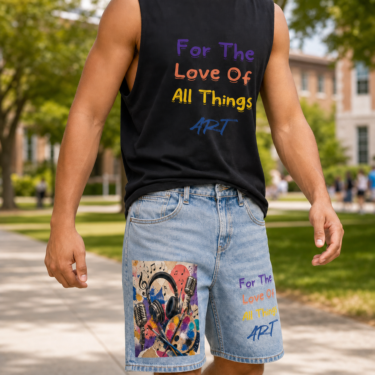 Man wearing light-wash art and music graphic denim shorts with a black For the Love of Art tank top