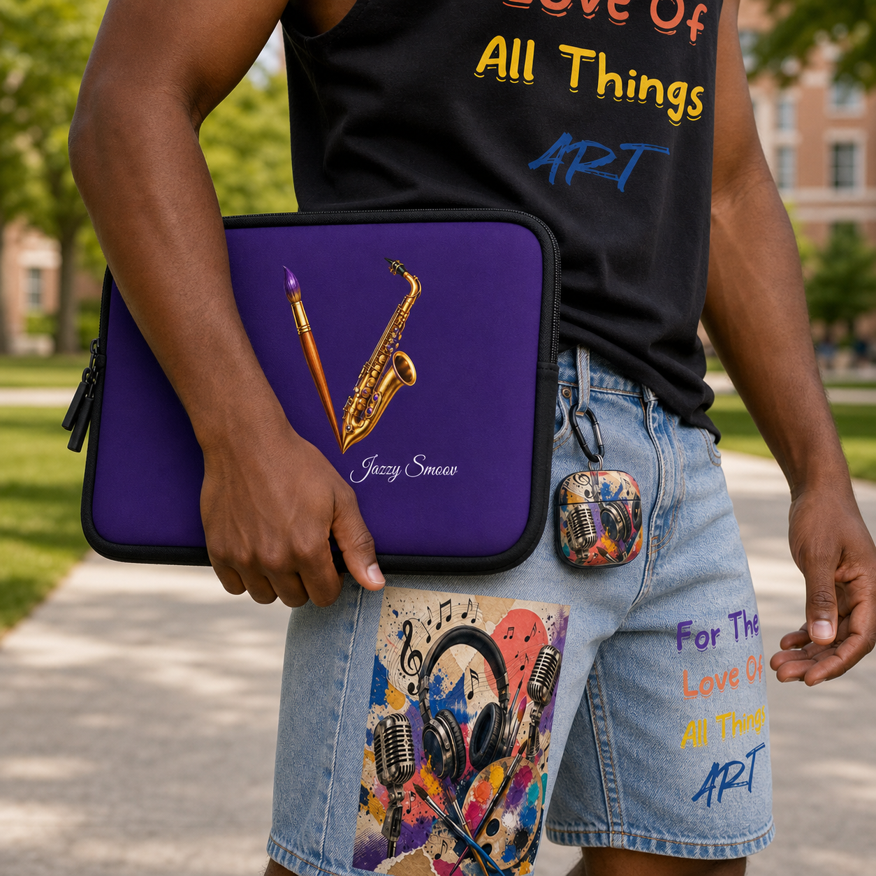 African-American student carrying a purple saxophone laptop sleeve with an art and music AirPods case clipped to denim shorts