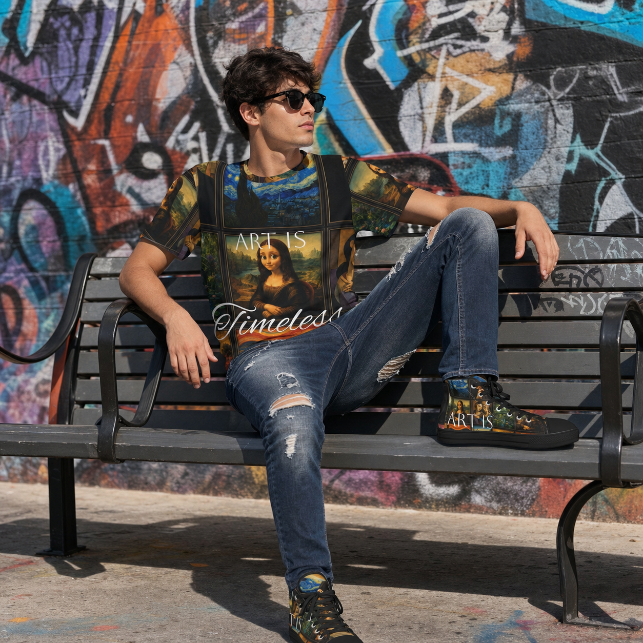 Young man wearing an Art Is Timeless collage graphic T-shirt for the Men's Tops collection