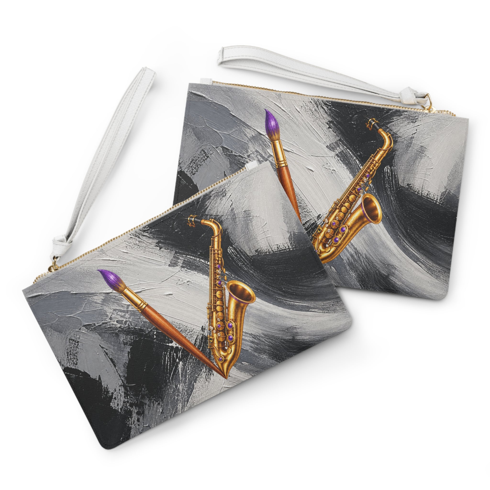 Jazzy Smoov saxophone and paintbrush clutch bag