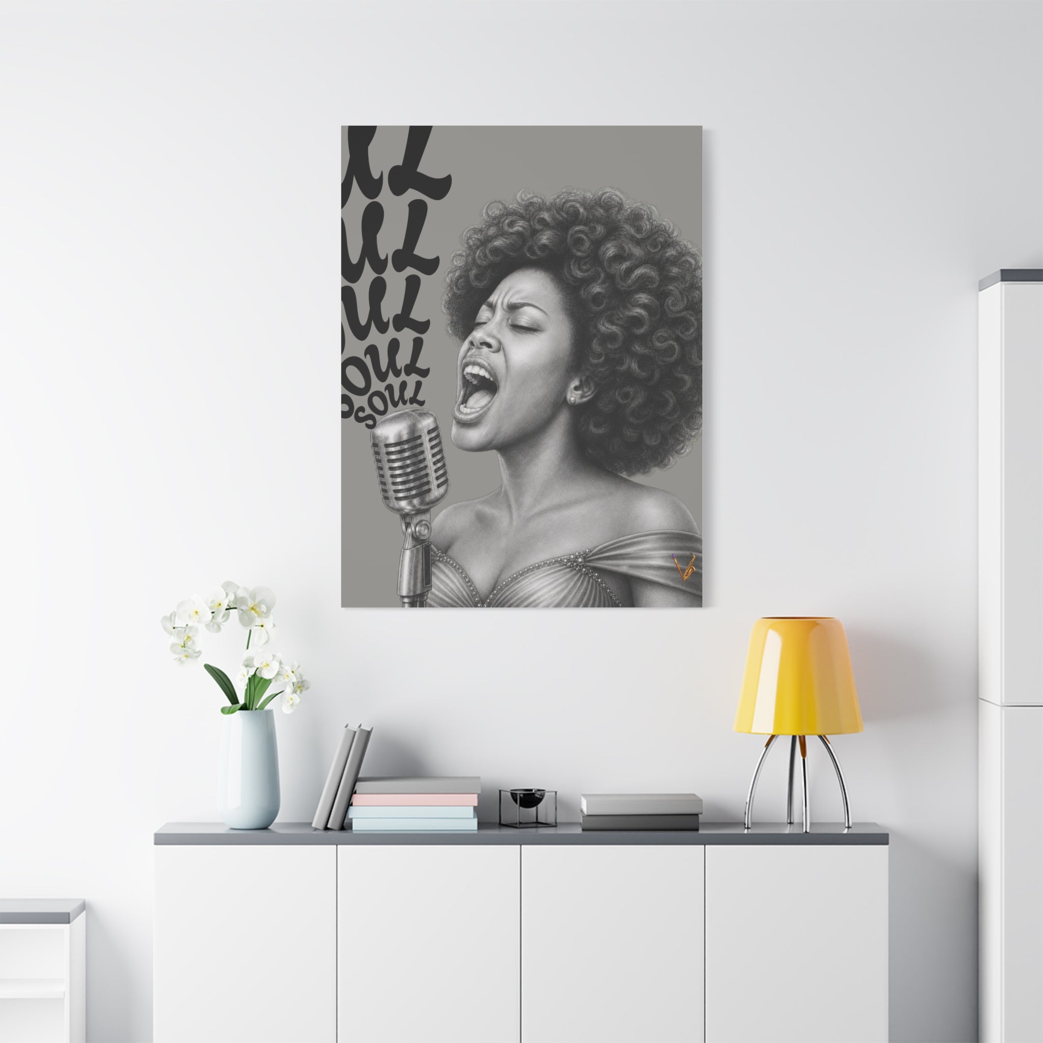 Female soul singer monochrome matte canvas wall art