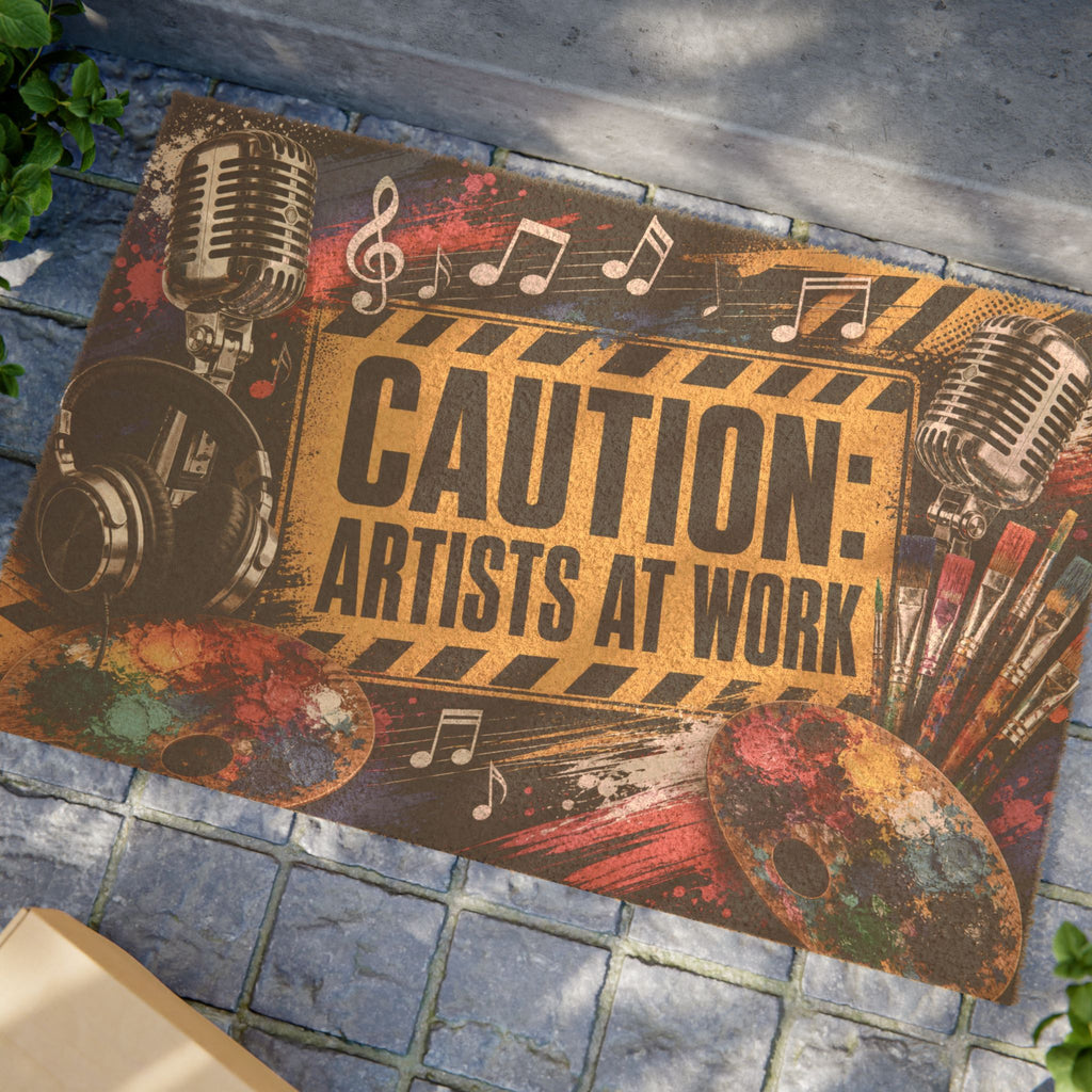 Caution Artists at Work music and art coir doormat