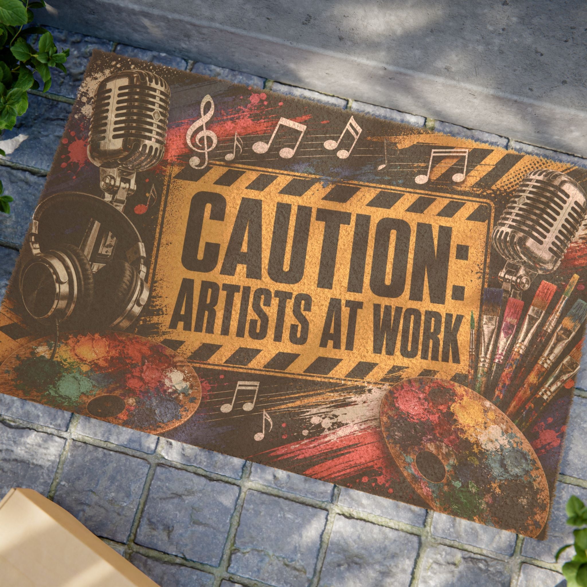 Caution Artists at Work music and art coir doormat