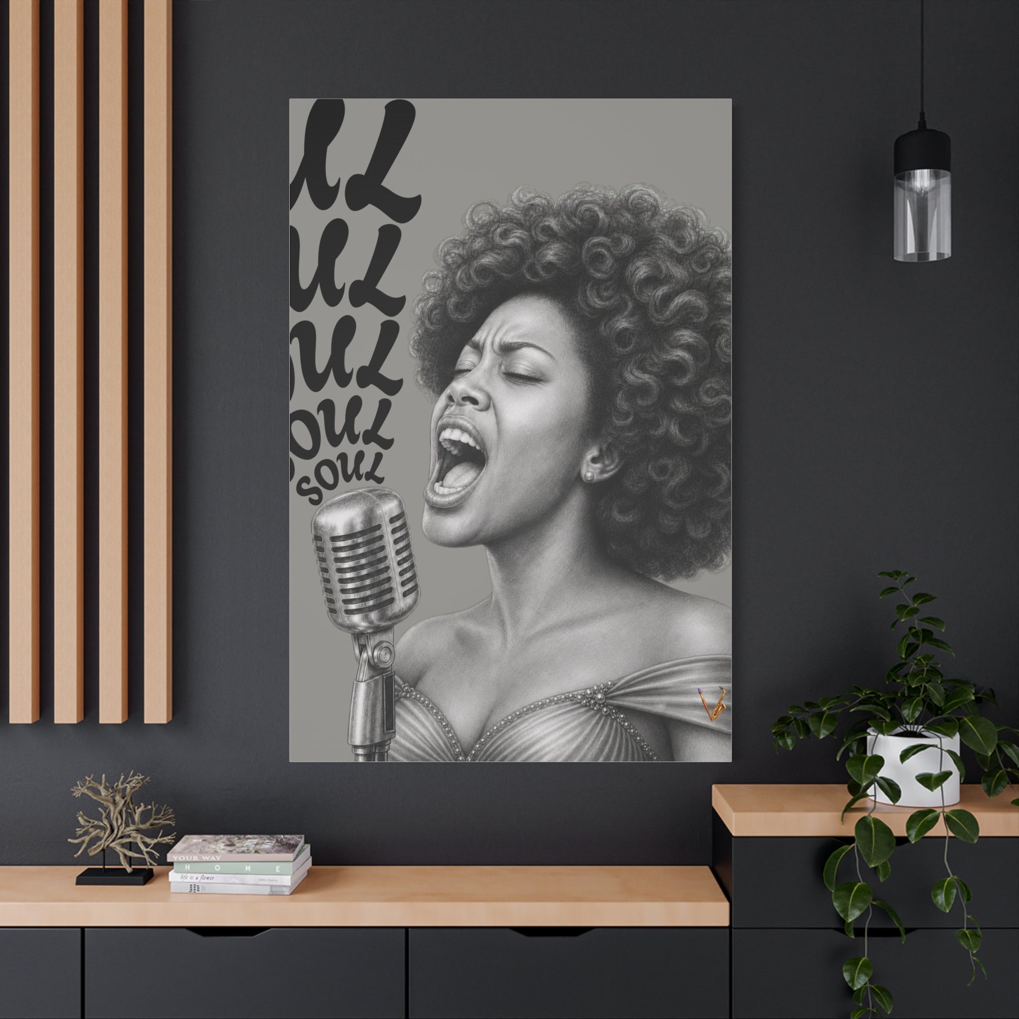 Female soul singer monochrome matte canvas wall art