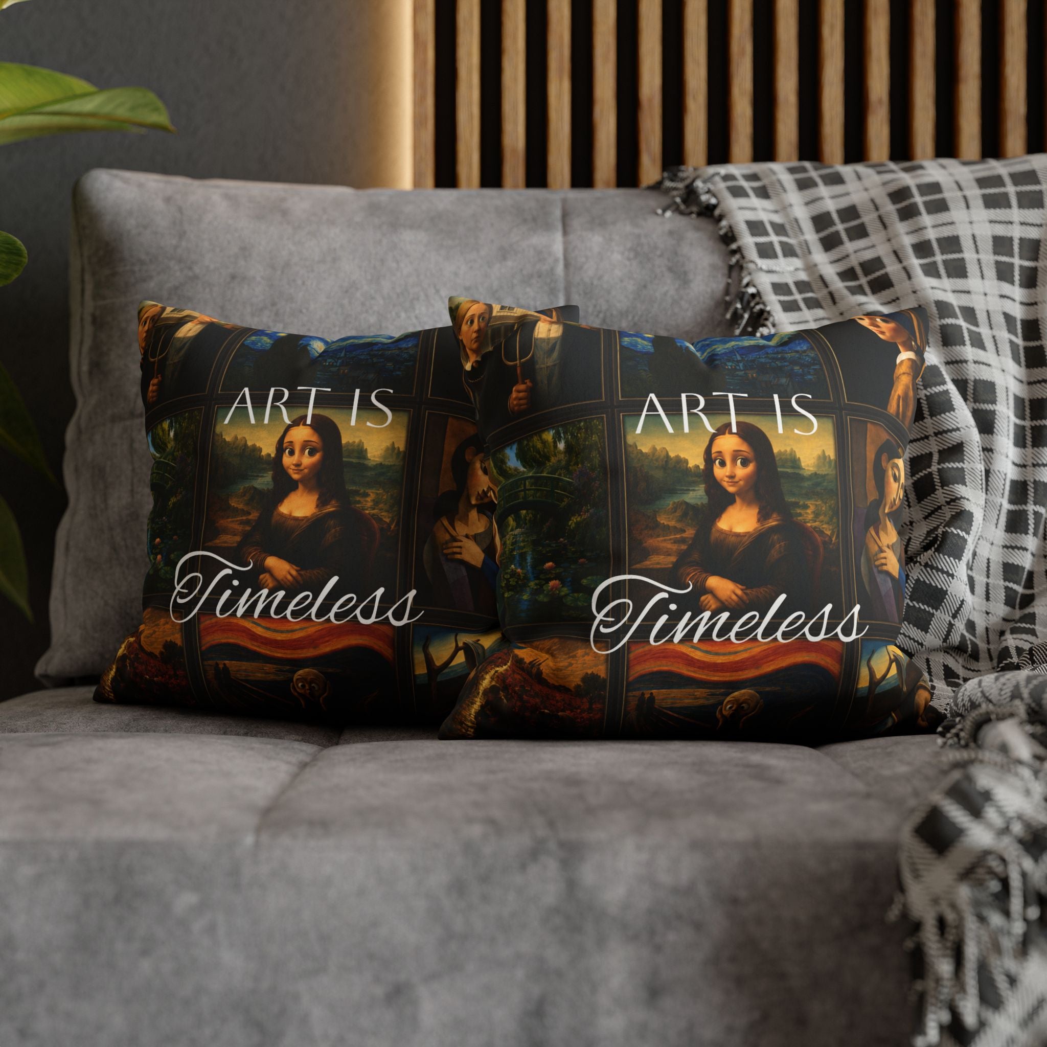 Art Is Timeless museum collage faux suede pillow cover