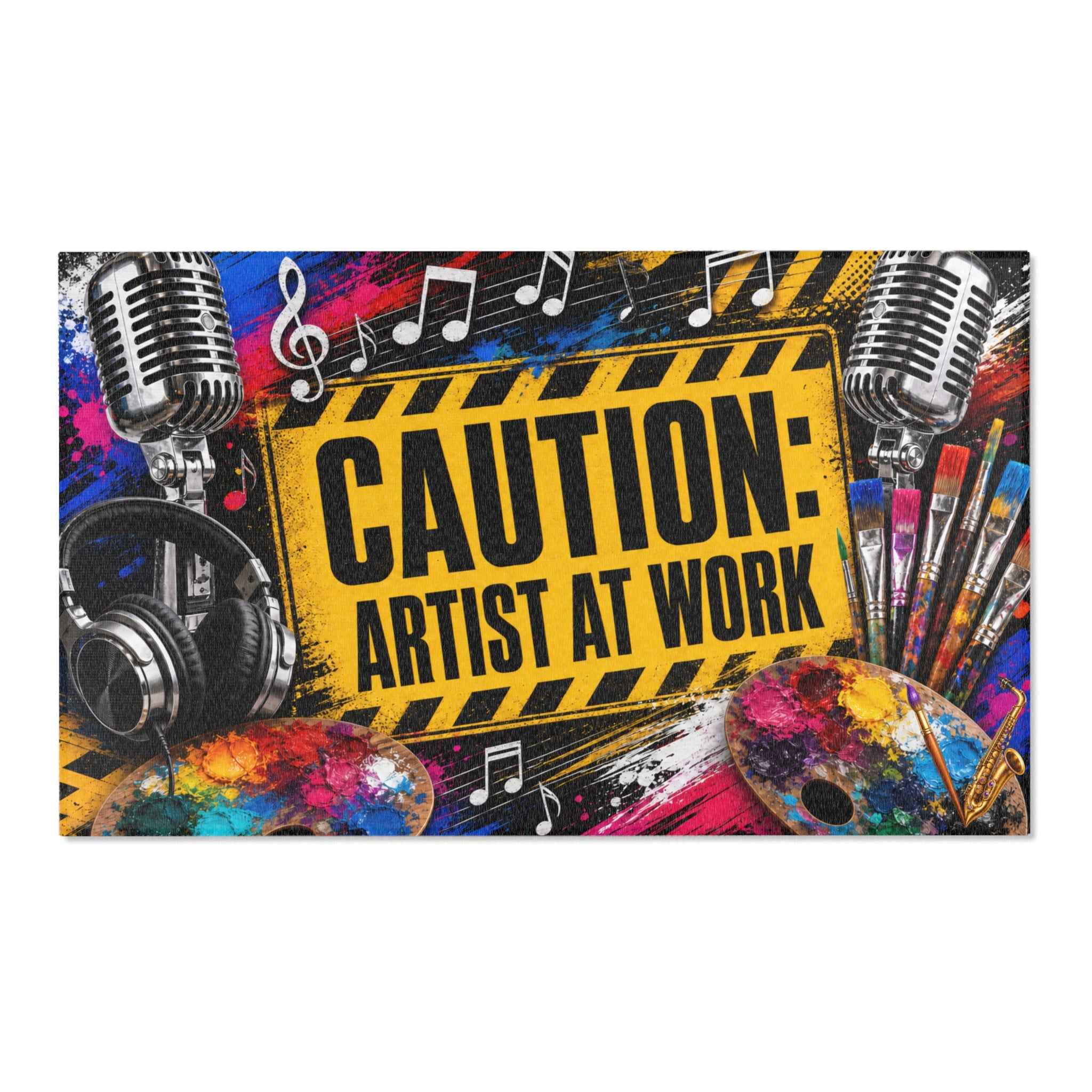 Caution Artist at Work colorful studio area rug