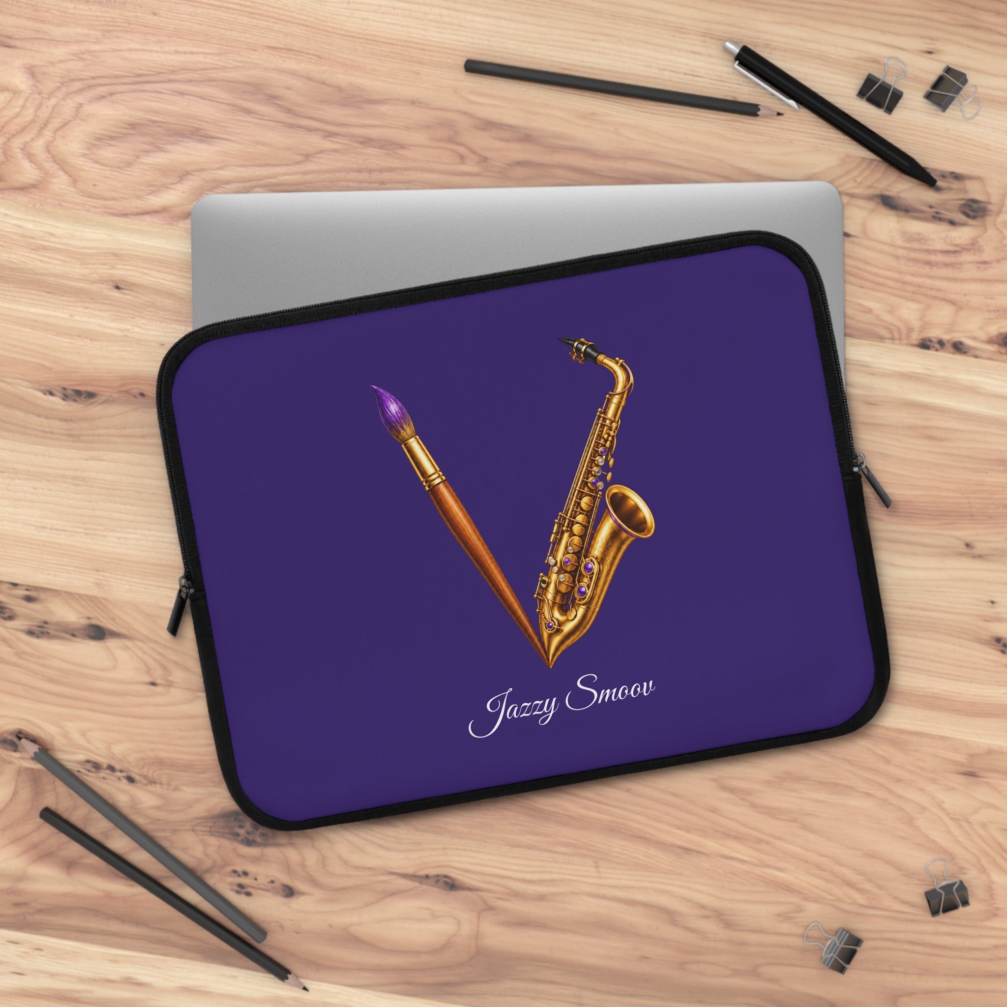 Jazzy Smoov purple saxophone art laptop sleeve