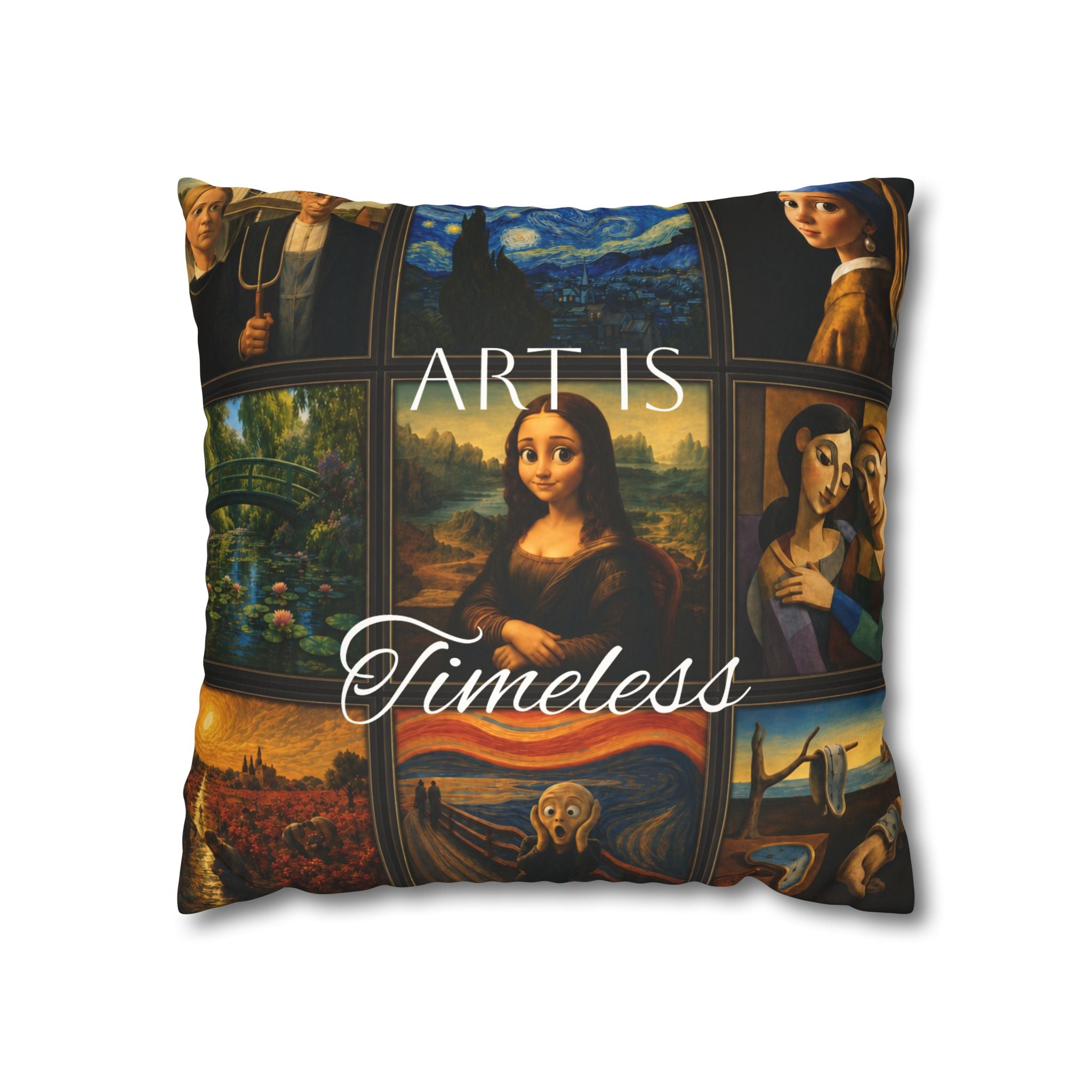 Art Is Timeless museum collage faux suede pillow cover