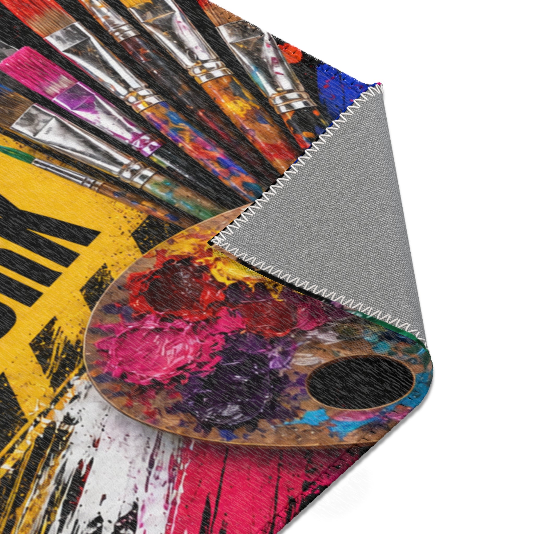 Caution Artist at Work colorful studio area rug