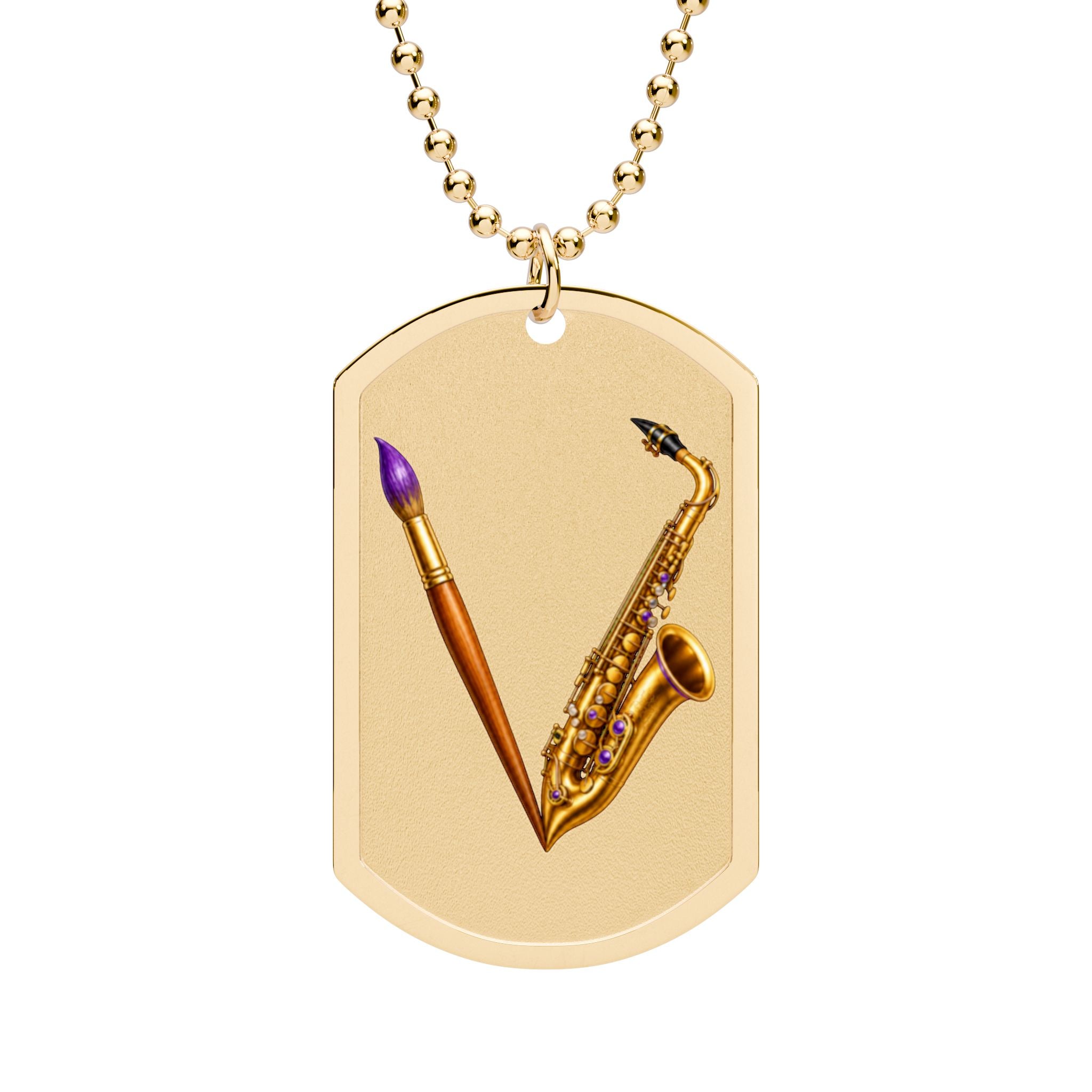 Jazzy Smoov saxophone and paintbrush dog tag necklace