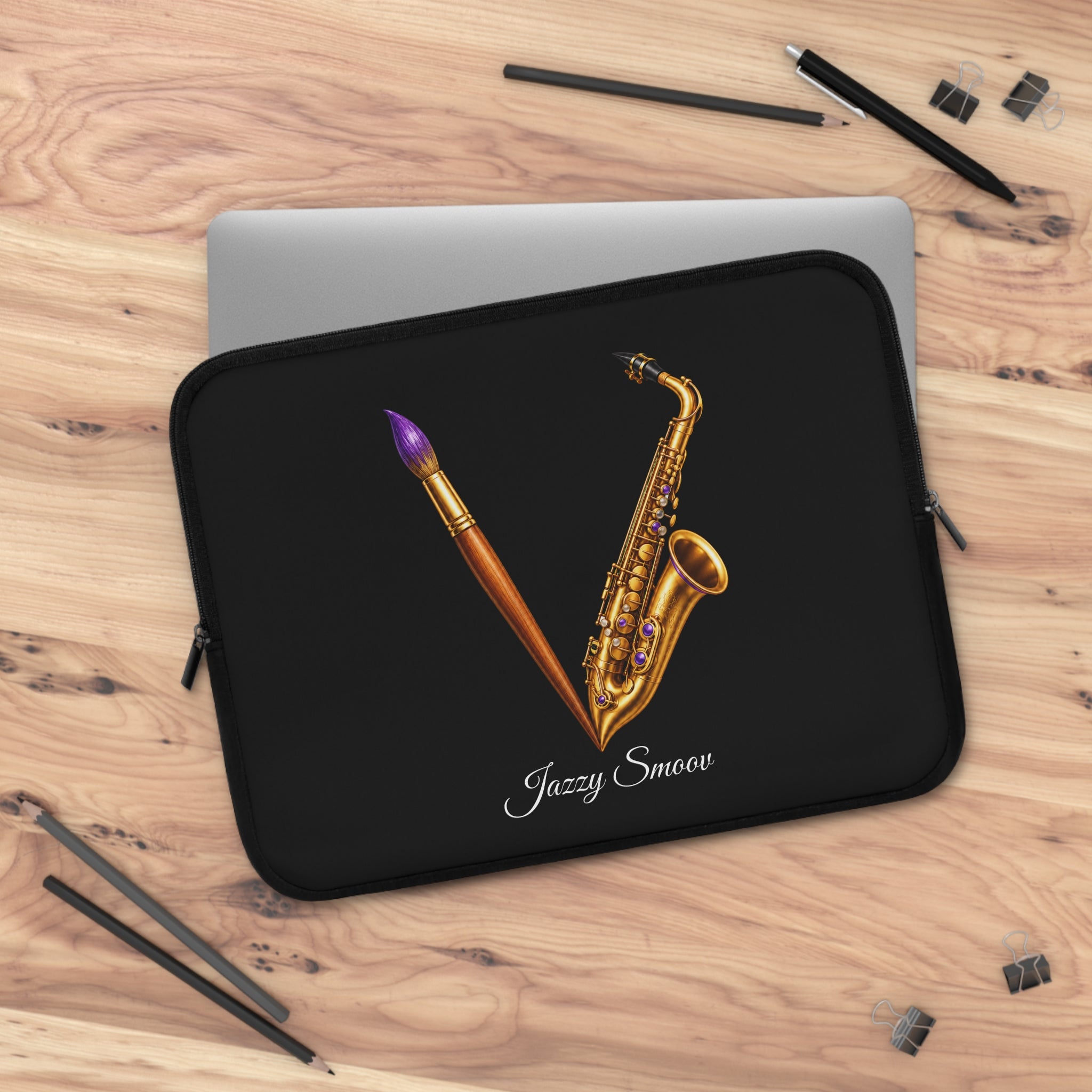 Jazzy Groove black saxophone art laptop sleeve