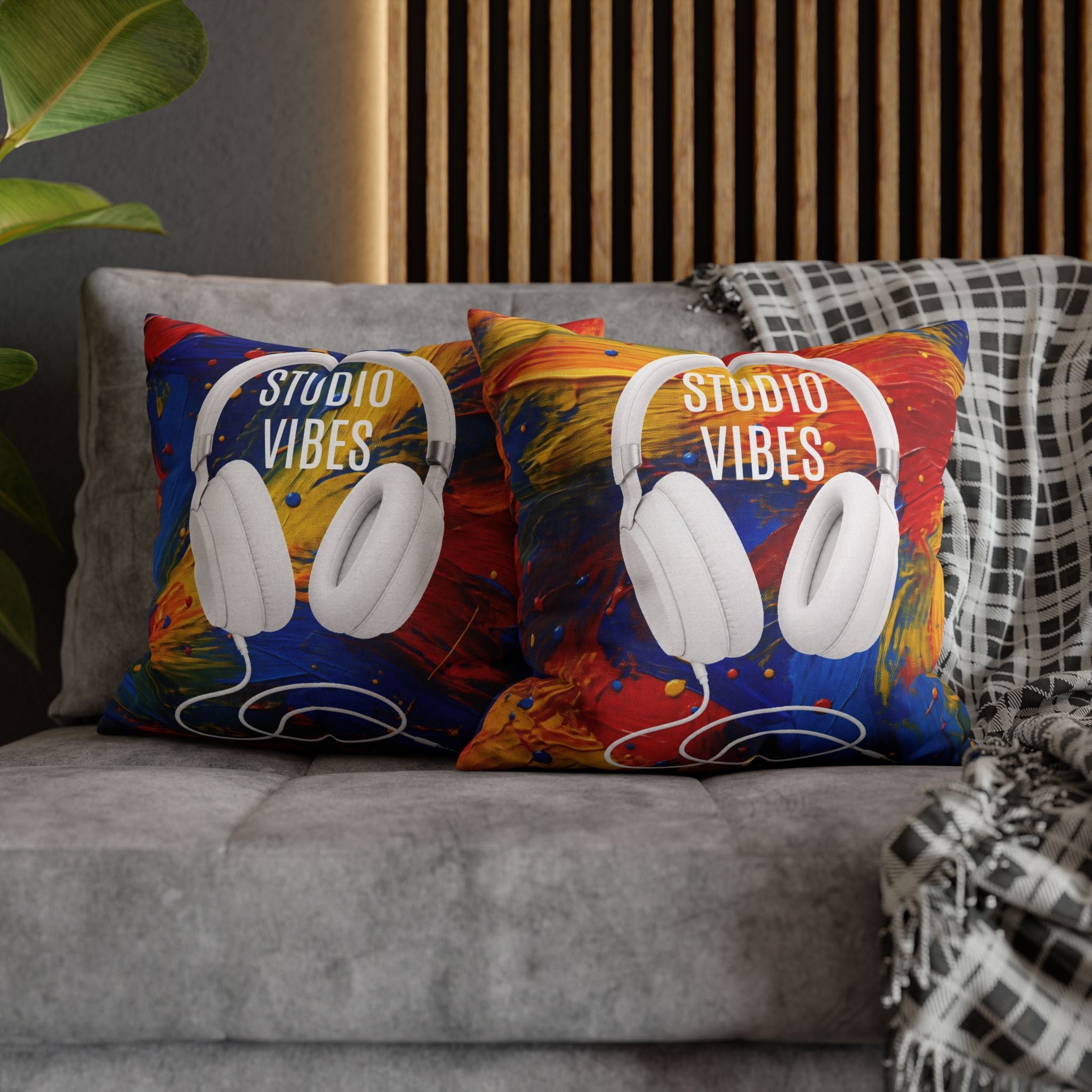 Studio Vibes colorful headphone throw pillow cover