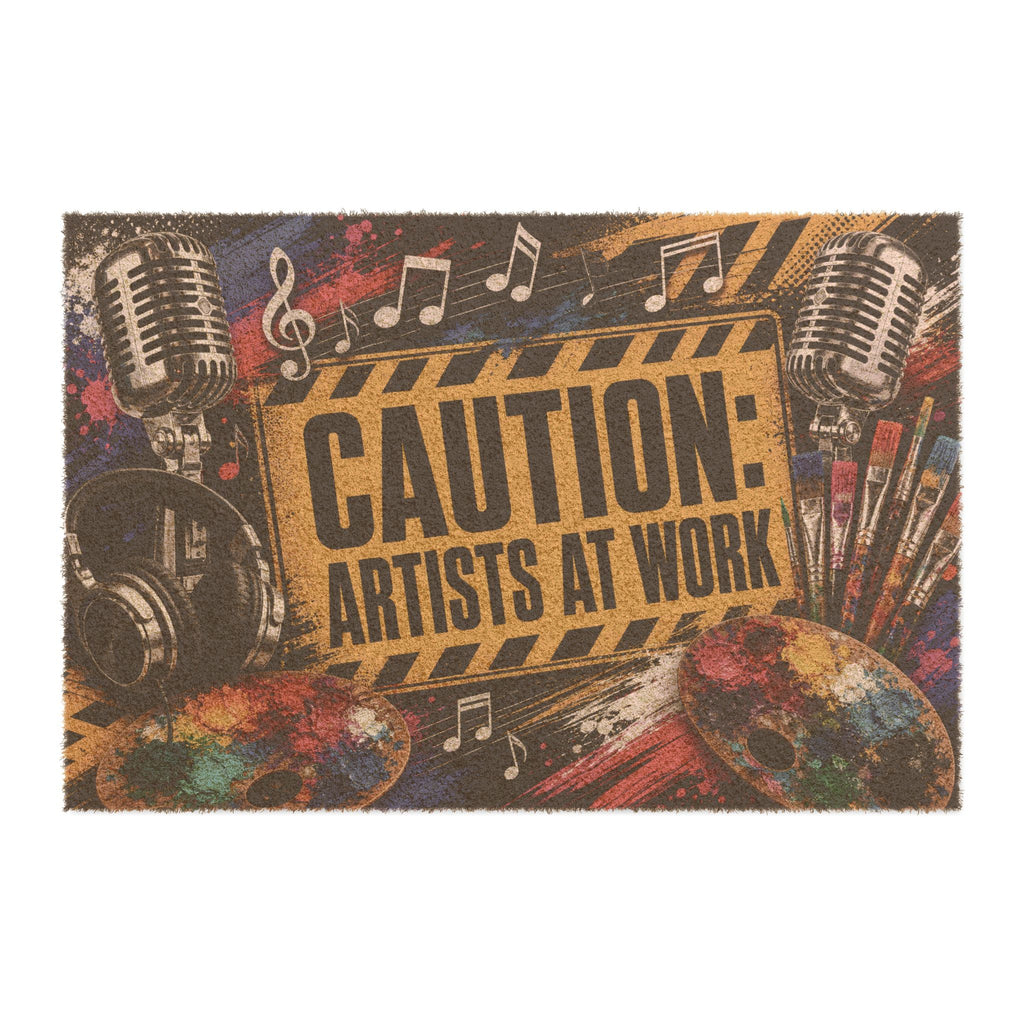 Caution Artists at Work music and art coir doormat