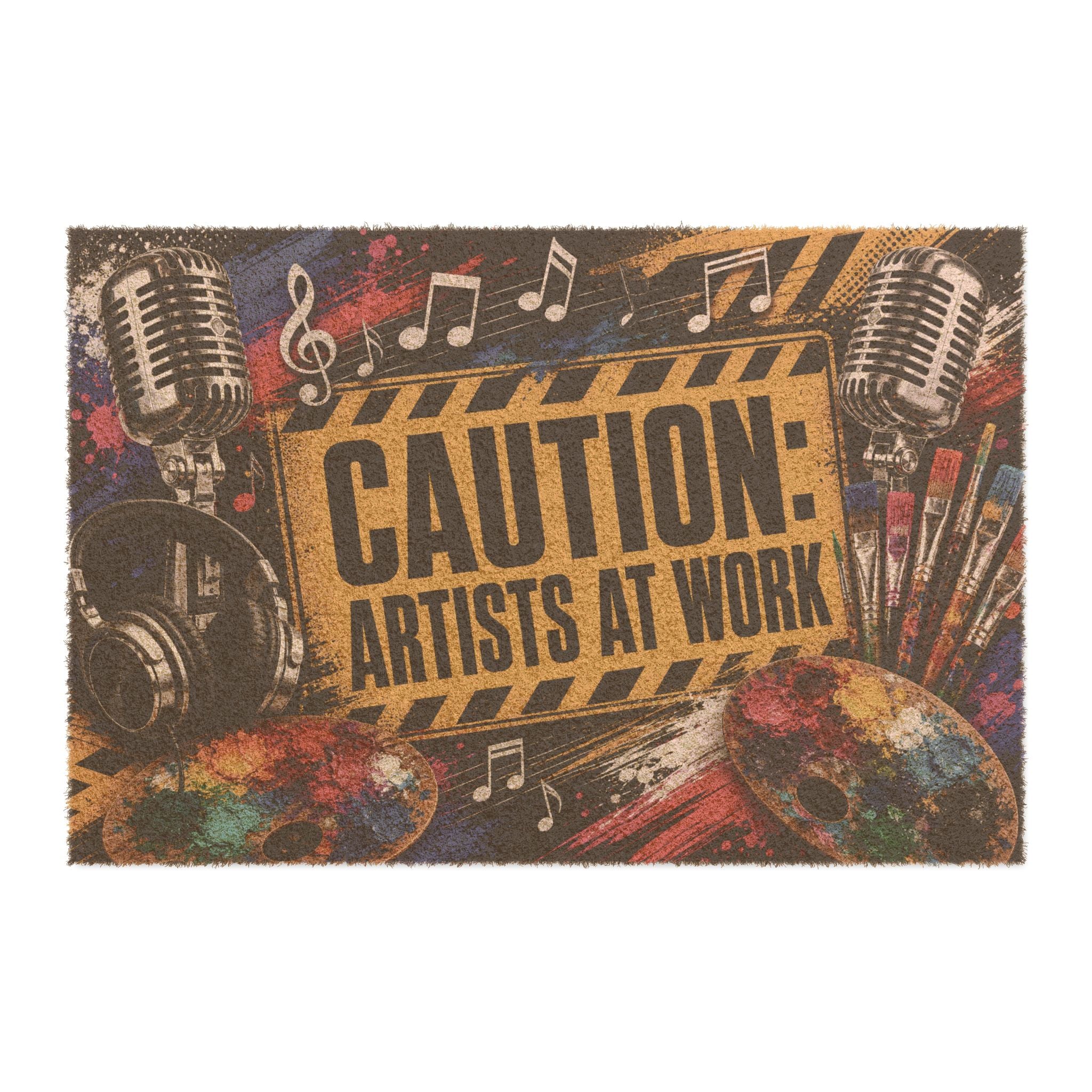 Caution Artists at Work music and art coir doormat