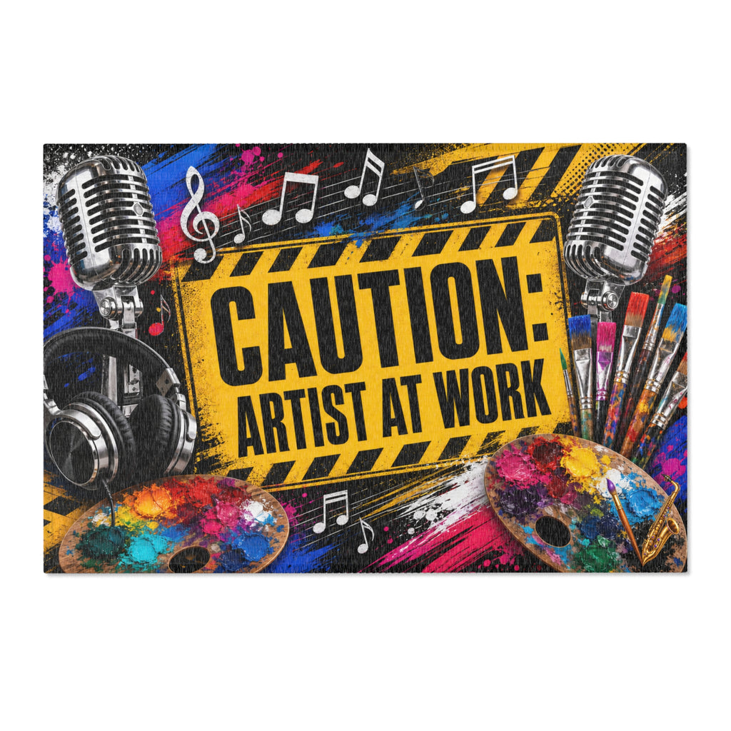 Caution Artist at Work colorful studio area rug