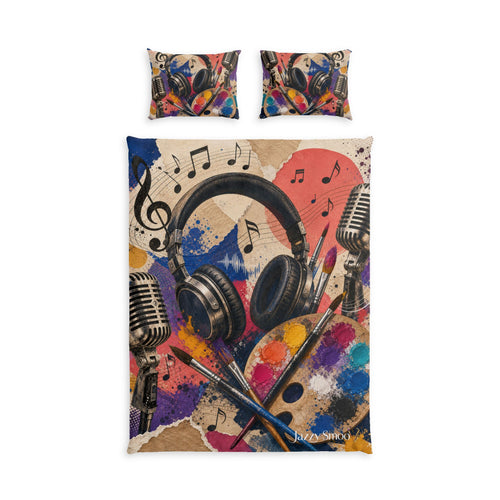 Art and music cotton duvet cover set with headphones and microphones