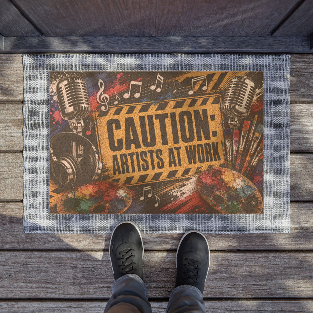 Caution Artists at Work music and art coir doormat