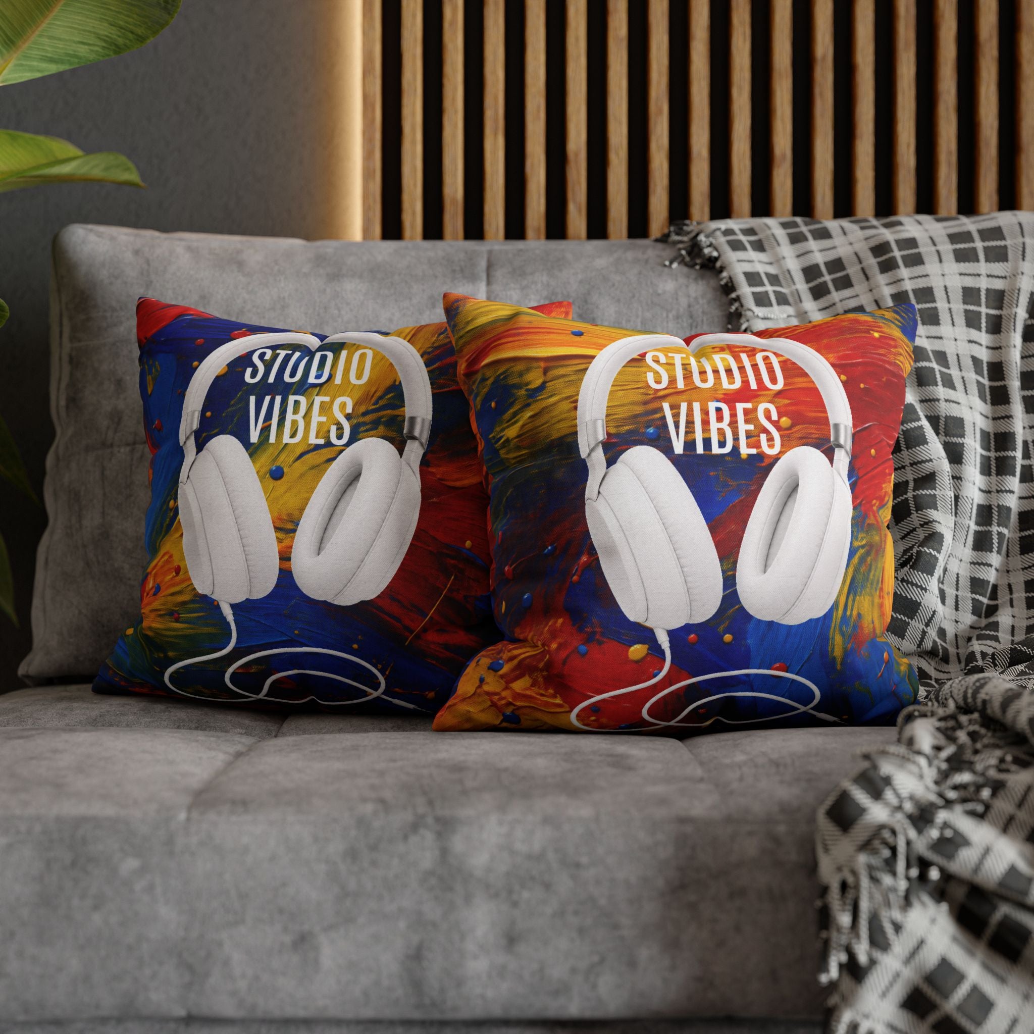 Studio Vibes colorful headphone throw pillow cover