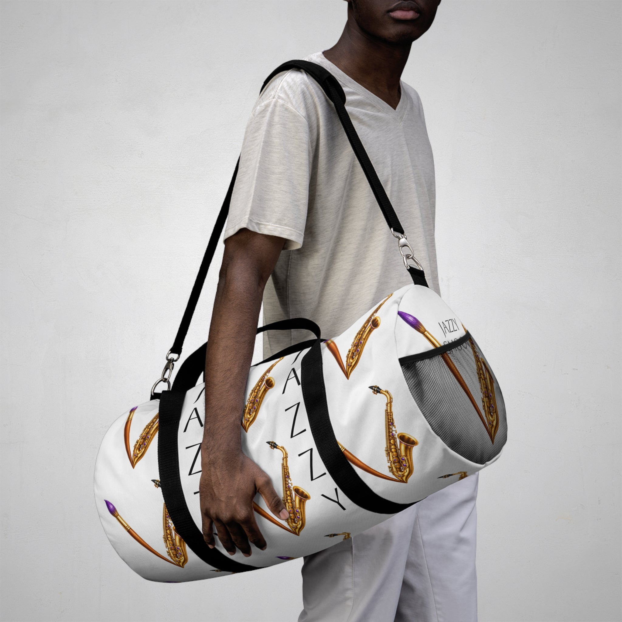 Jazzy Smoov saxophone print duffel bag