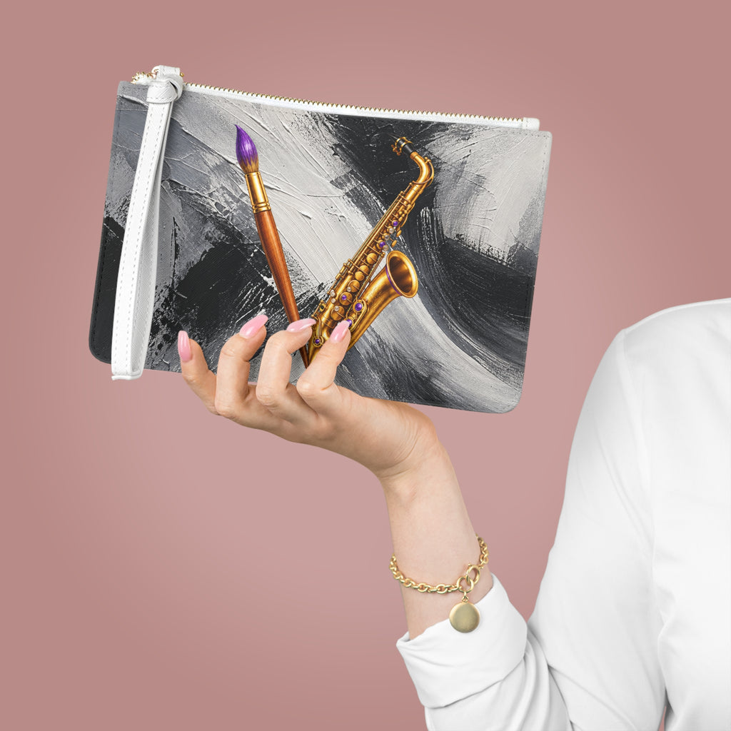 Jazzy Smoov saxophone and paintbrush clutch bag