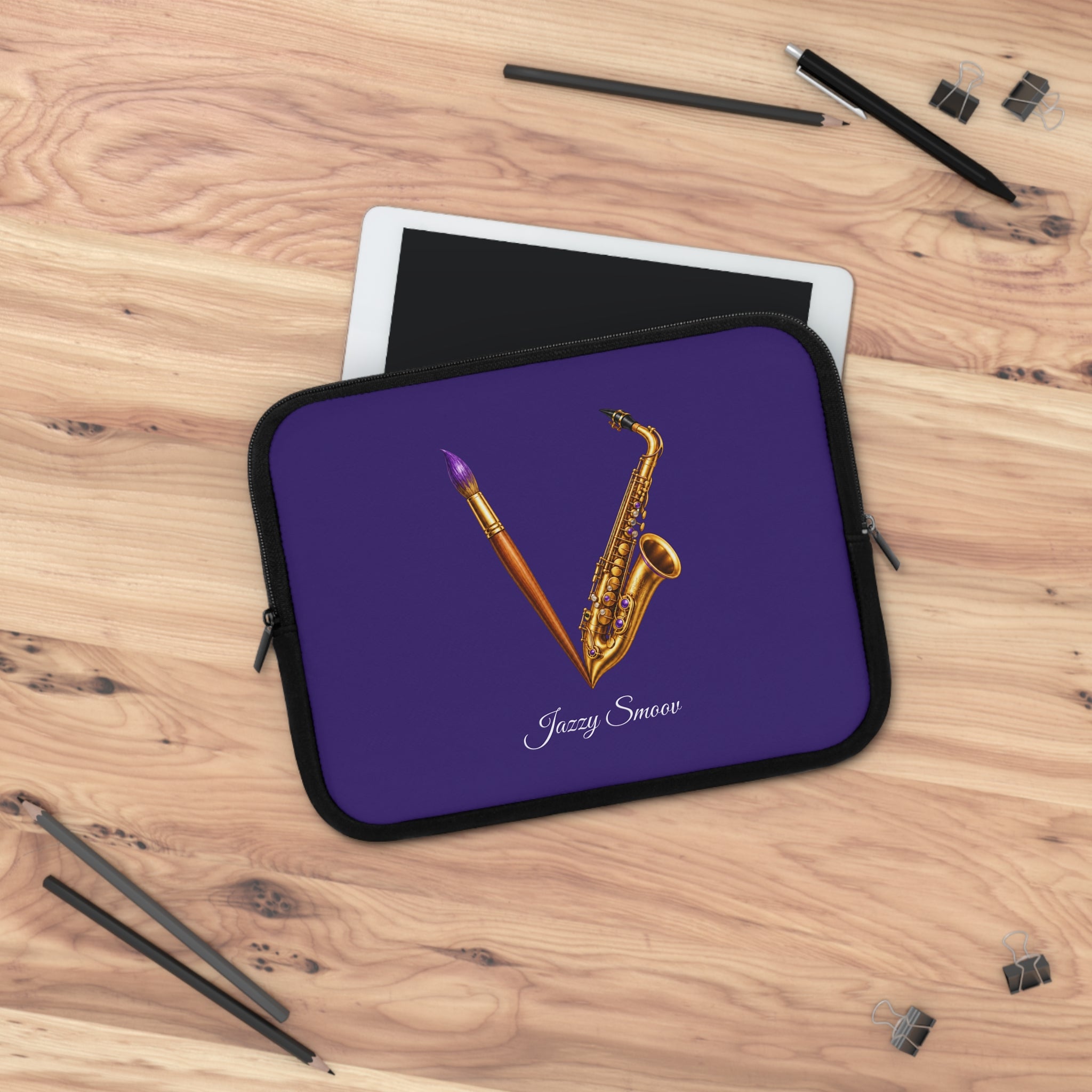 Jazzy Smoov purple saxophone art laptop sleeve