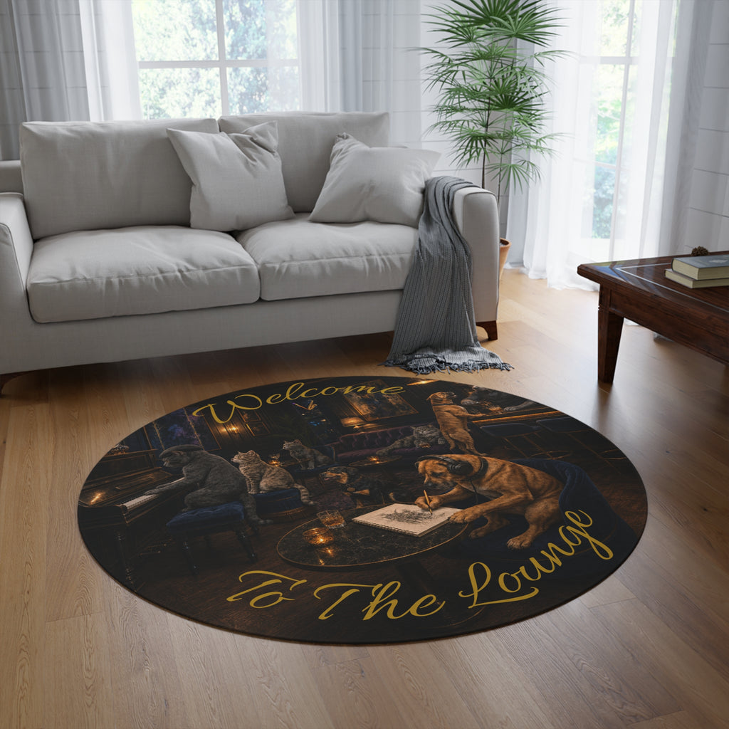 Welcome to the Lounge dog and cat round area rug