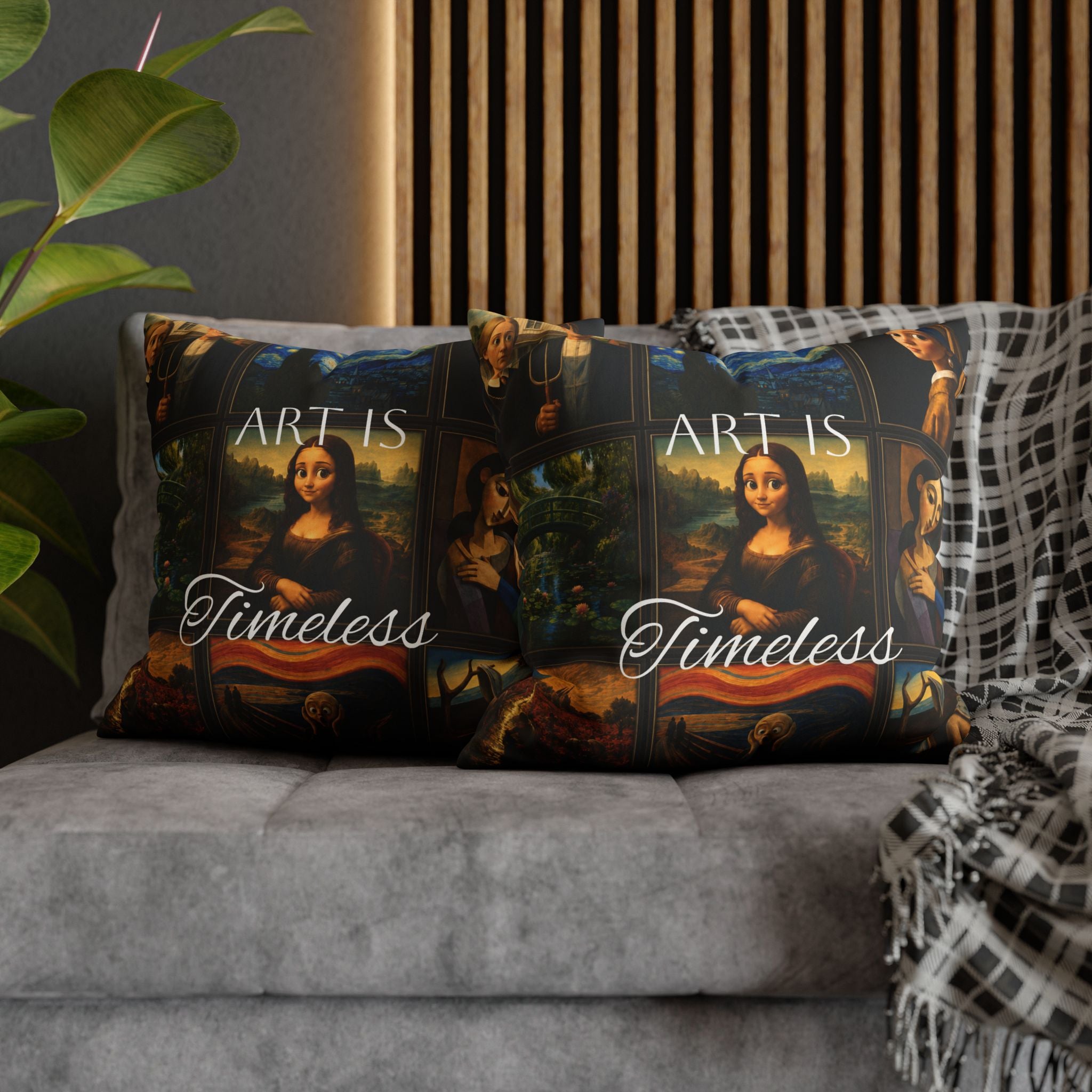 Art Is Timeless museum collage faux suede pillow cover