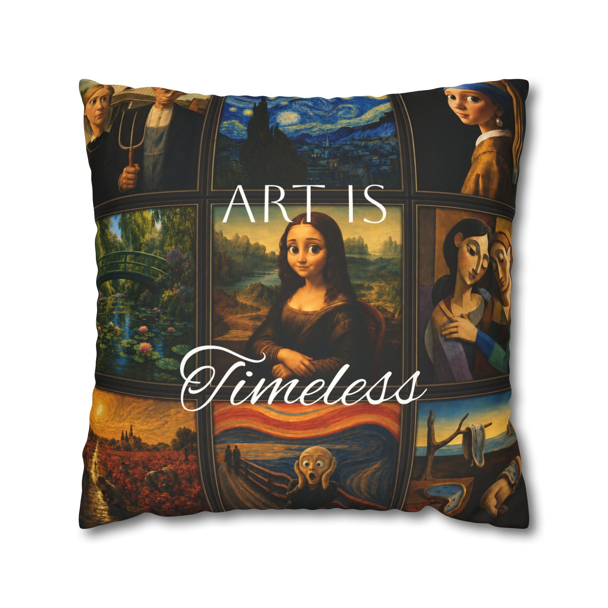 Art Is Timeless museum collage faux suede pillow cover