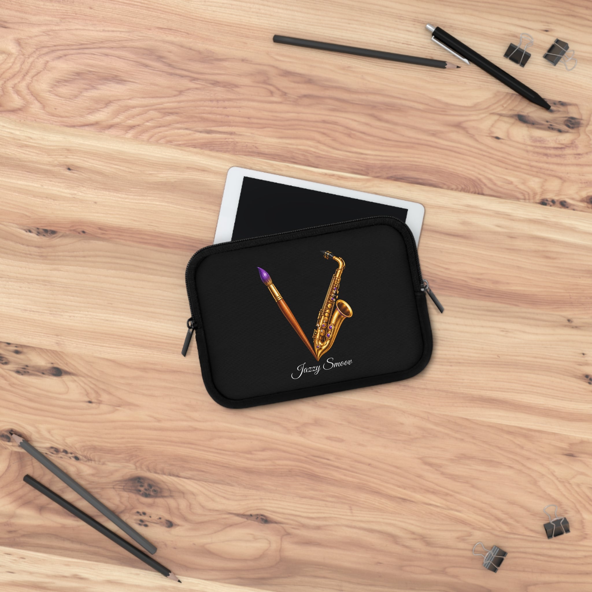 Jazzy Groove black saxophone art laptop sleeve