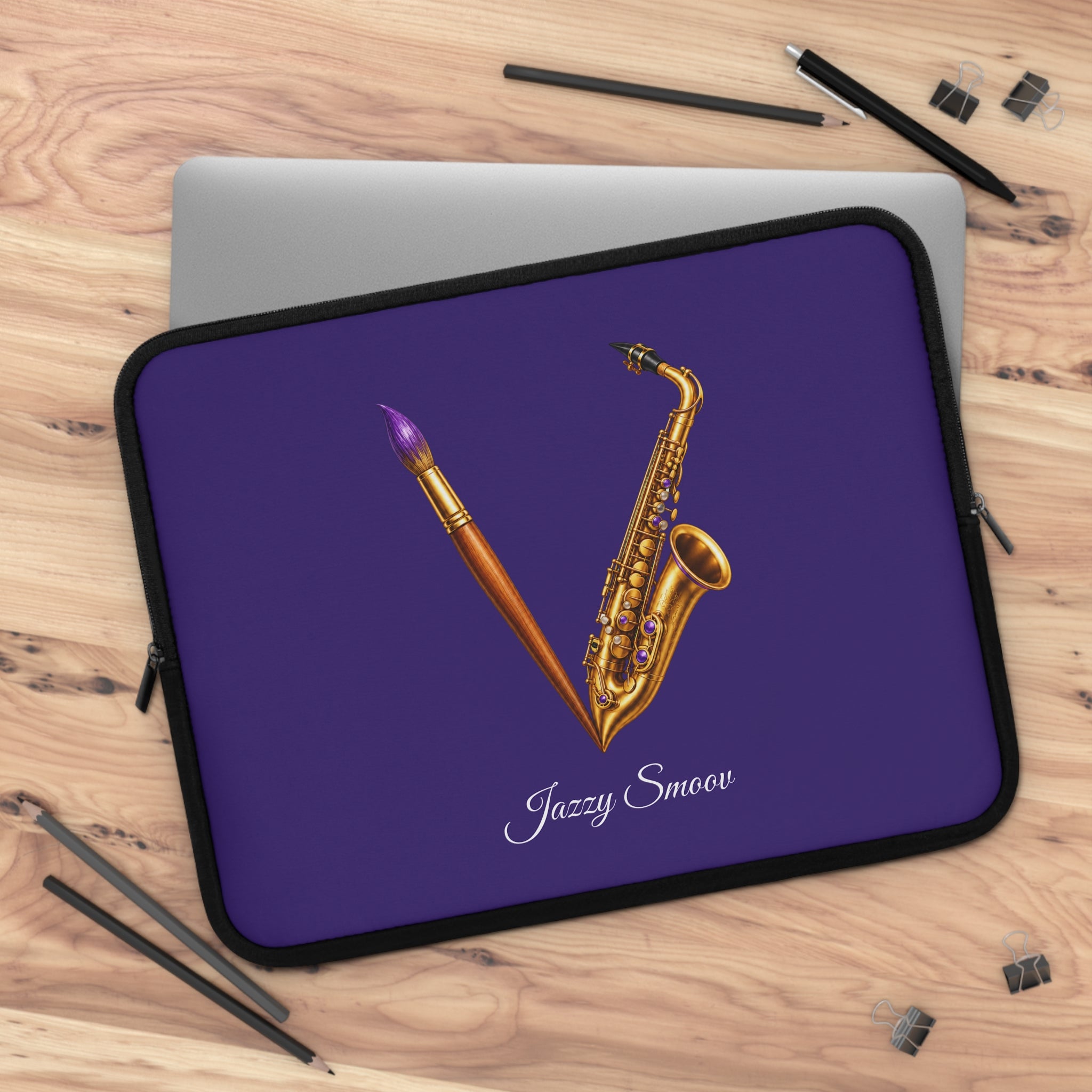 Jazzy Smoov purple saxophone art laptop sleeve