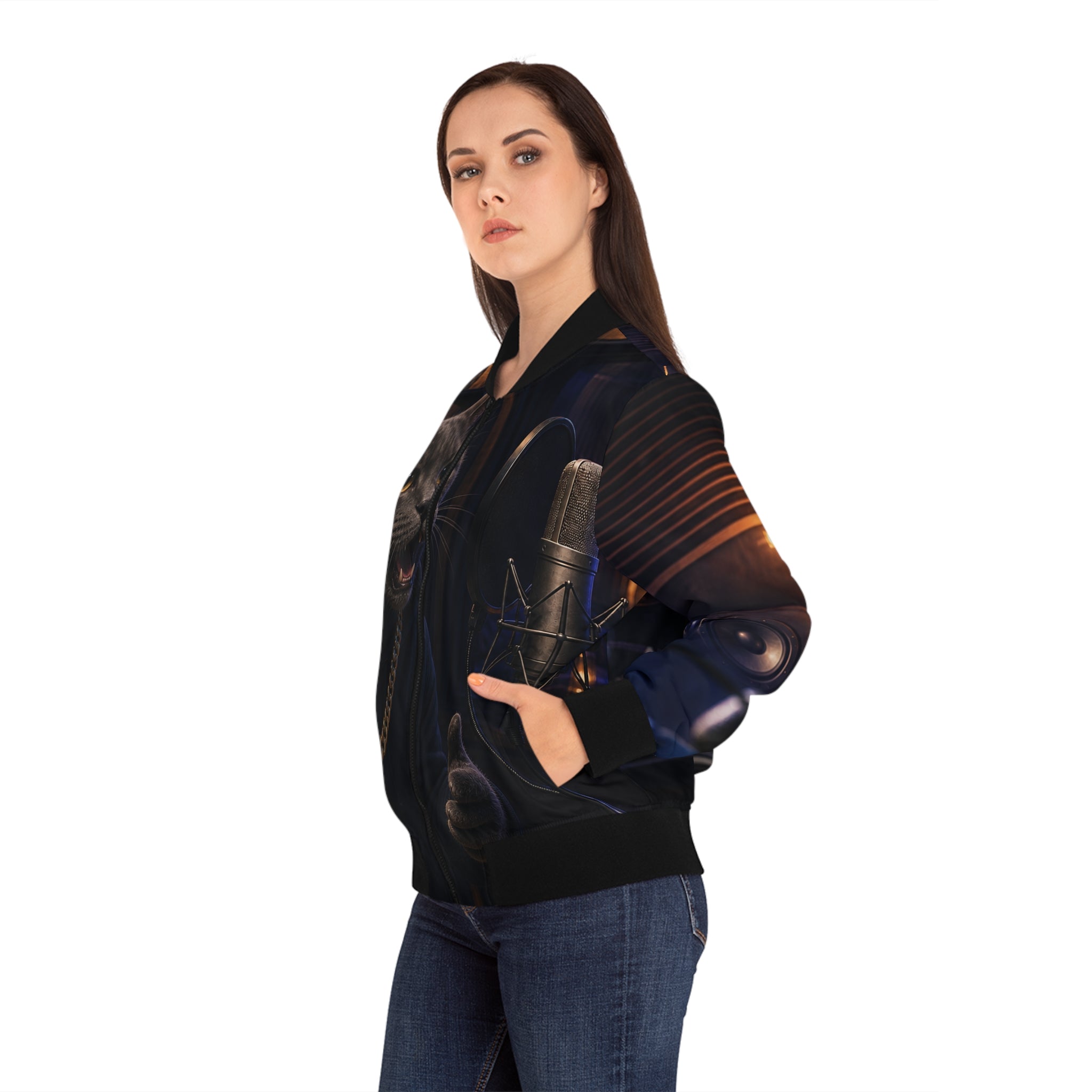 Women’s Studio Cat Music Producer Bomber Jacket – product image 3