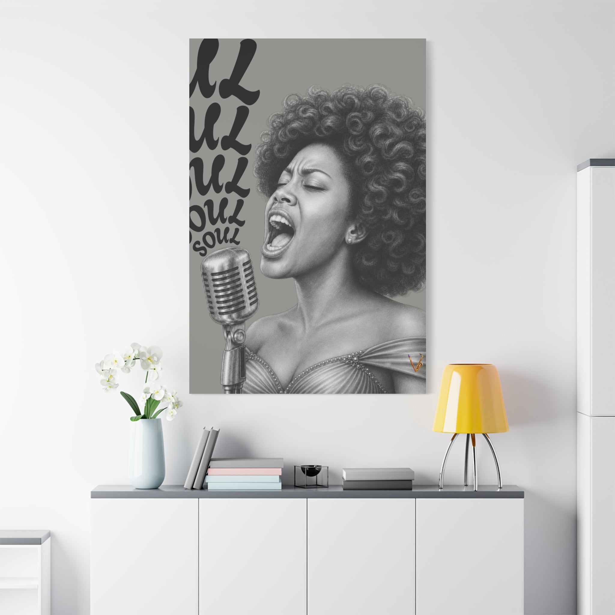 Female soul singer monochrome matte canvas wall art