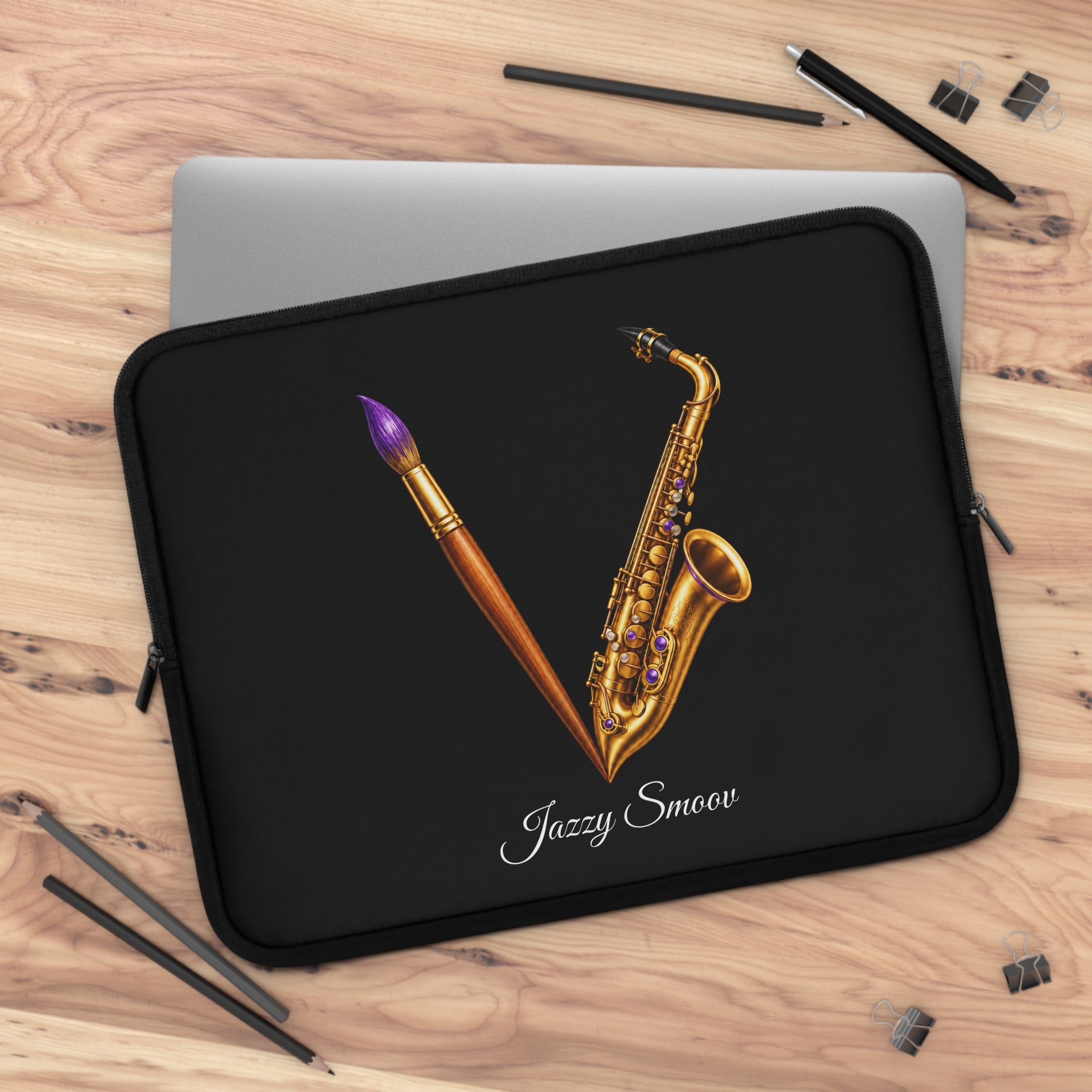 Jazzy Groove black saxophone art laptop sleeve