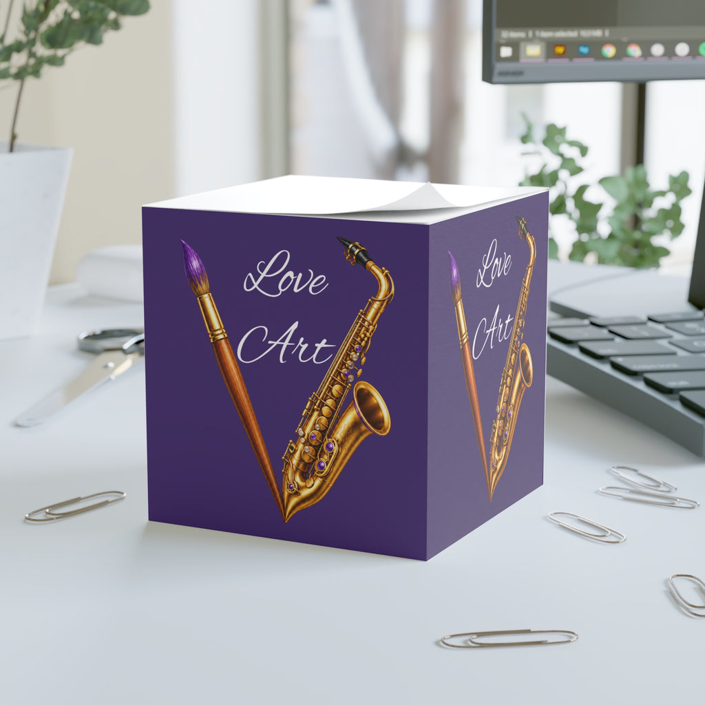 Love Art sticky note cube with saxophone and paintbrush design
