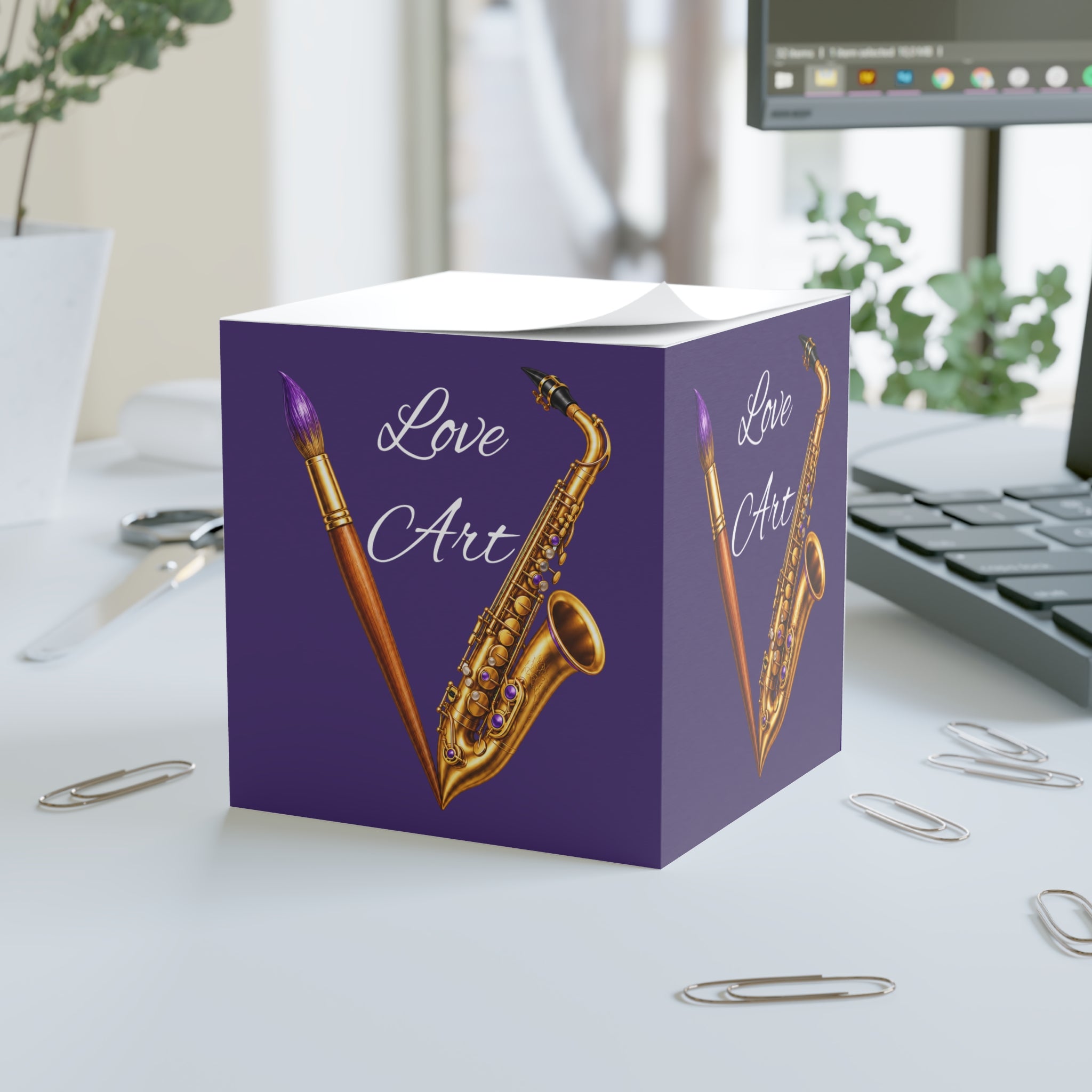 Love Art sticky note cube with saxophone and paintbrush design