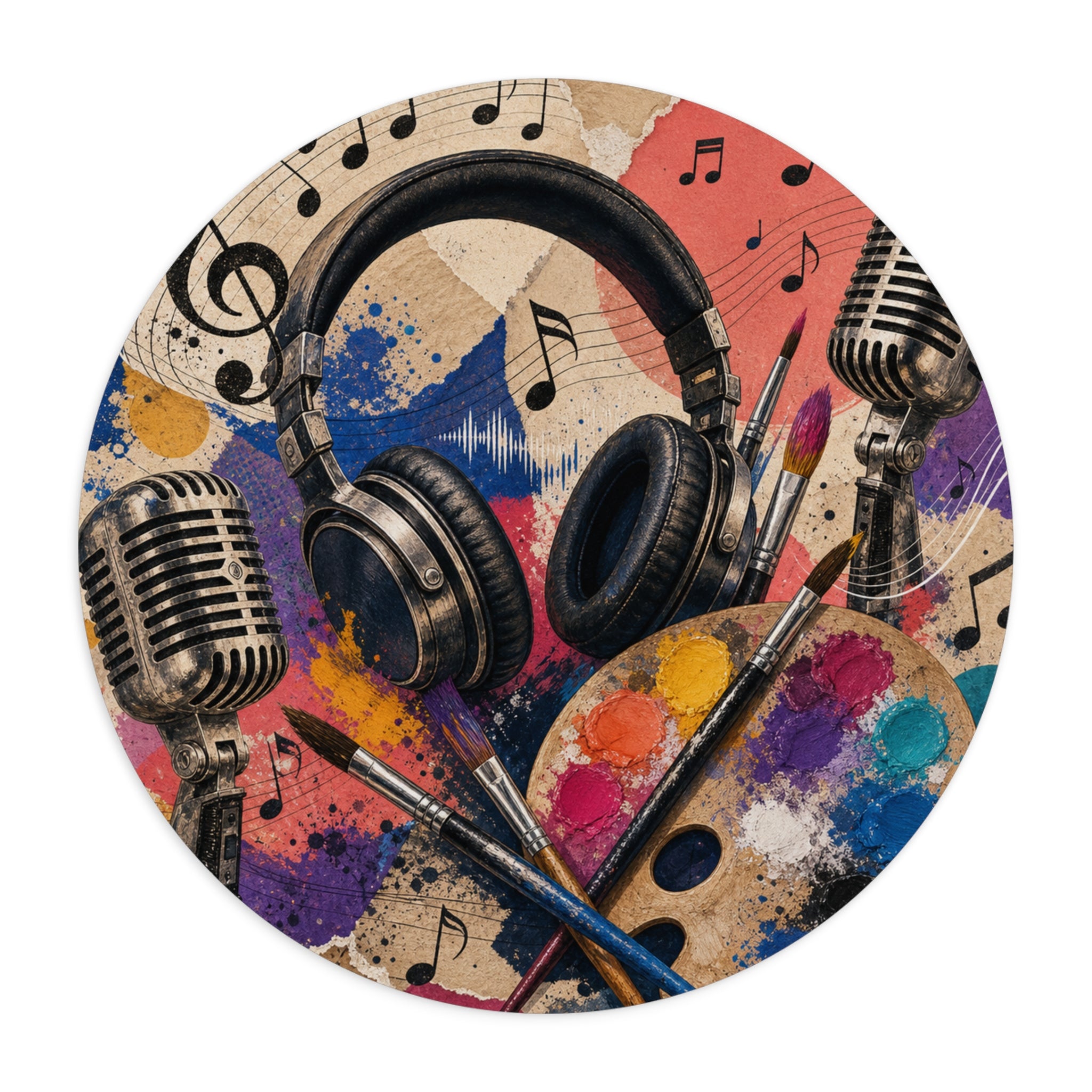 Round music mouse pad with headphones and microphone artwork