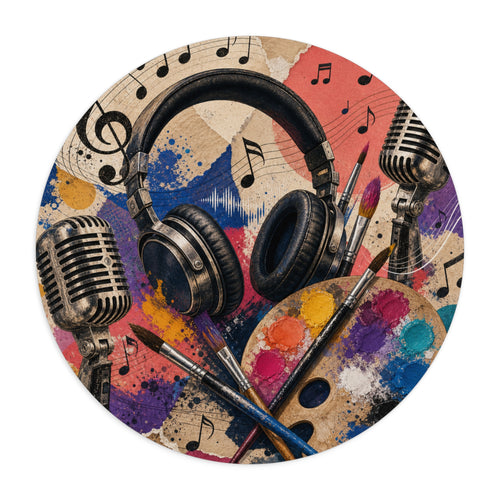 Round music mouse pad with headphones and microphone artwork