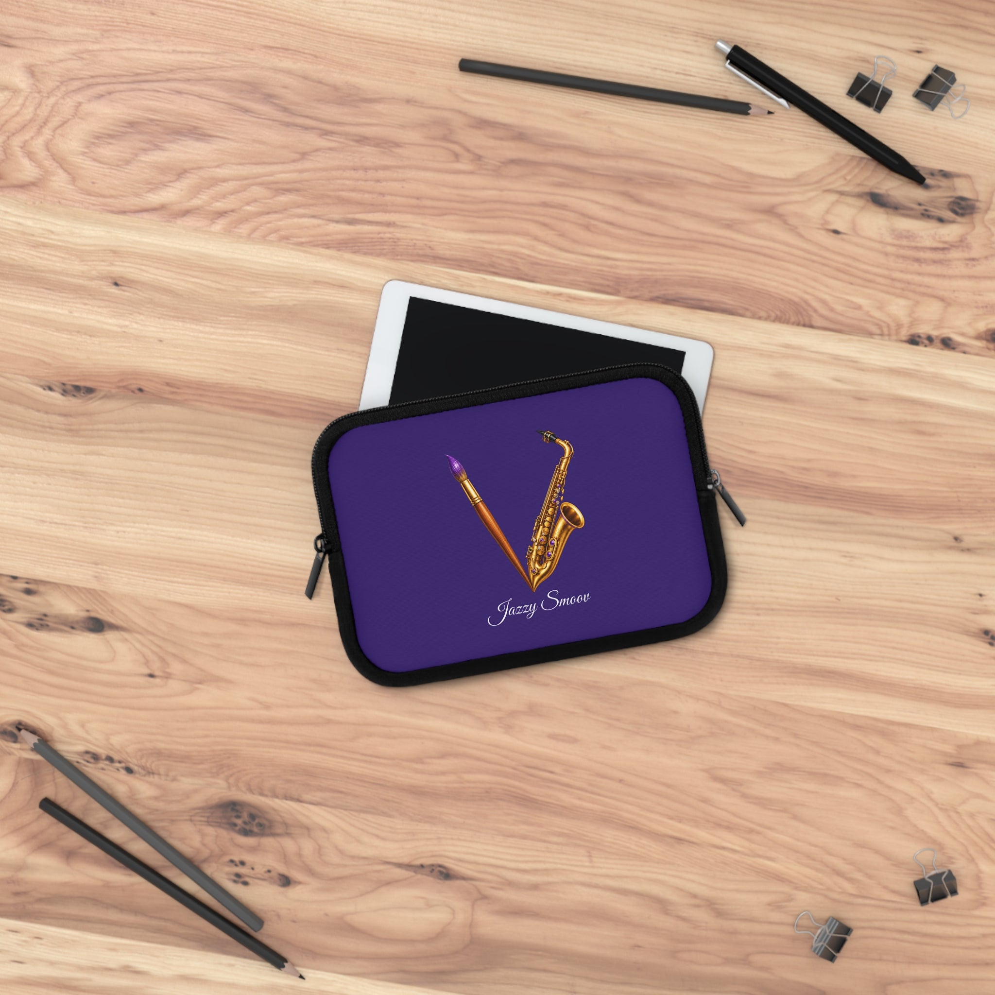 Jazzy Smoov purple saxophone art laptop sleeve