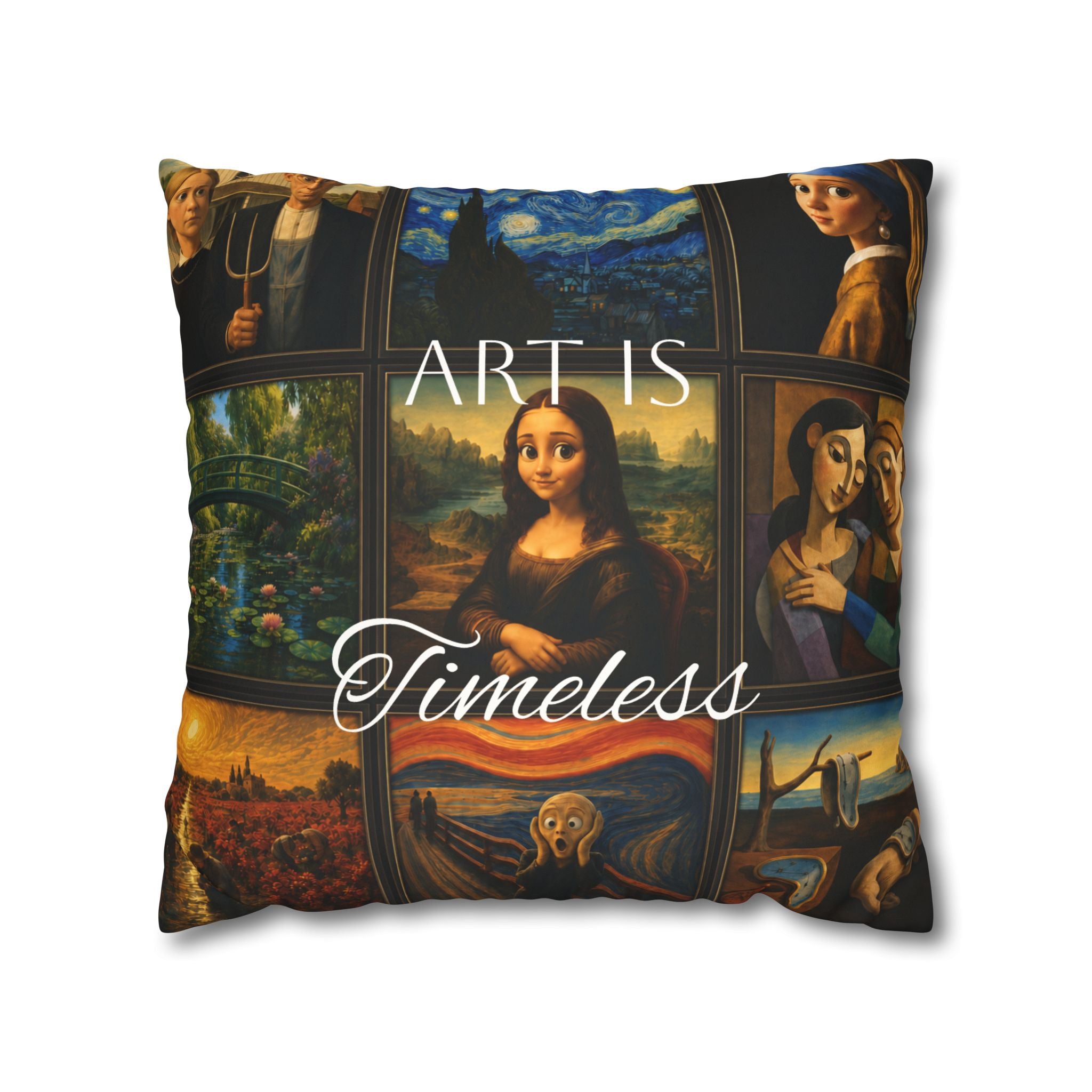 Art Is Timeless museum collage faux suede pillow cover